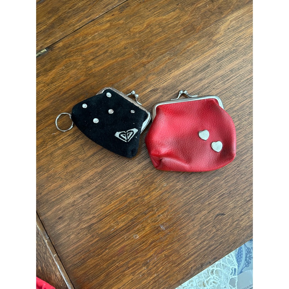 Roxy Quiksilver Black Suede Coin Purse Keychain & Red Heart Kiss Lock Pouch Set